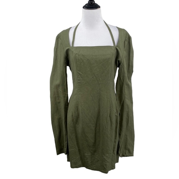 Lioness Hacienda Mini Dress Womens Size Medium Green Khaki Linen Strappy Bodycon - Picture 1 of 16
